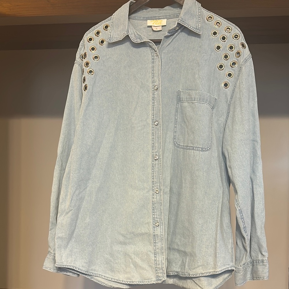 Light Blue Denim Tia Shirt with Grommet Details